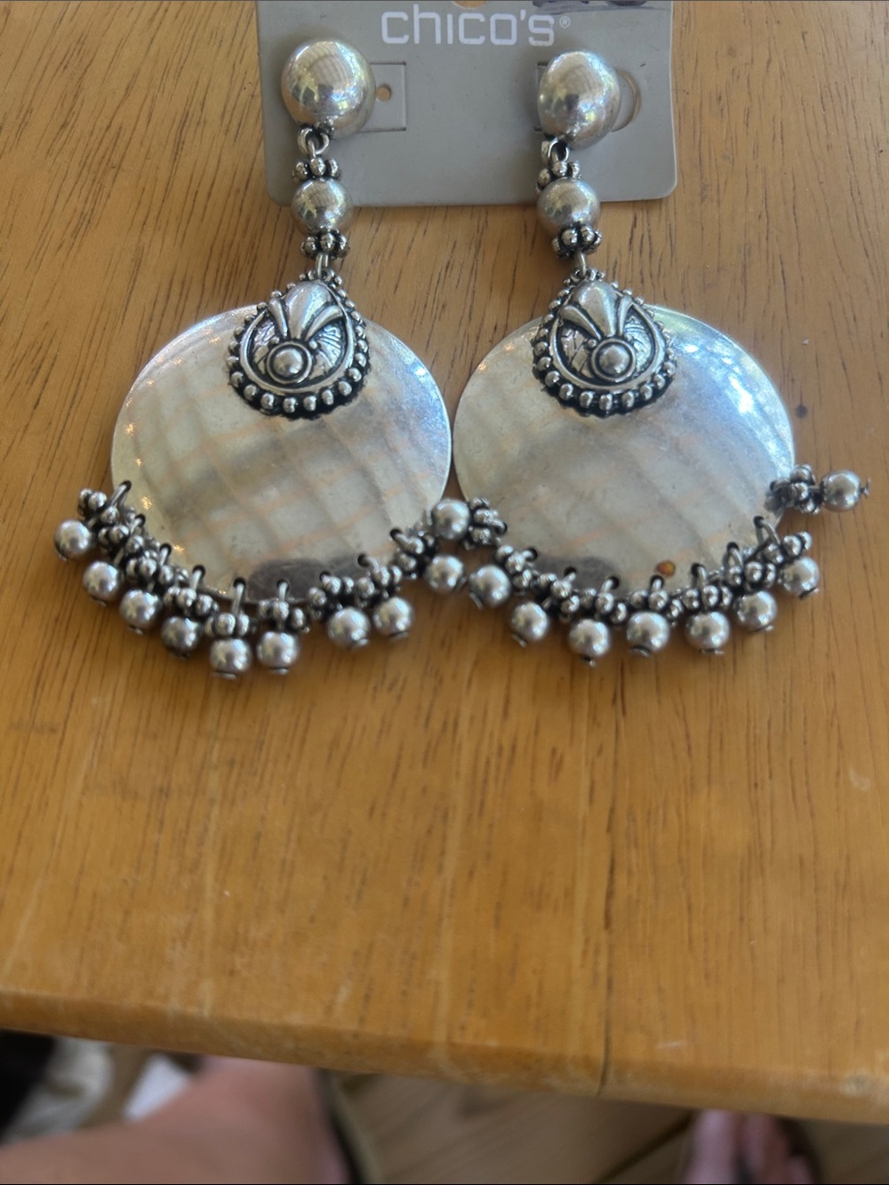 Chico's Silver-Tone Filigree Disc Dangle Earrings with Bead Fringe